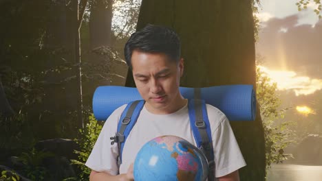 산악 배을 들고 세계 지구를 손에 들고 숲의 자연을 탐험하는 동안 카메라에 미소 짓는 아시아 남성 하이커의 클로즈업