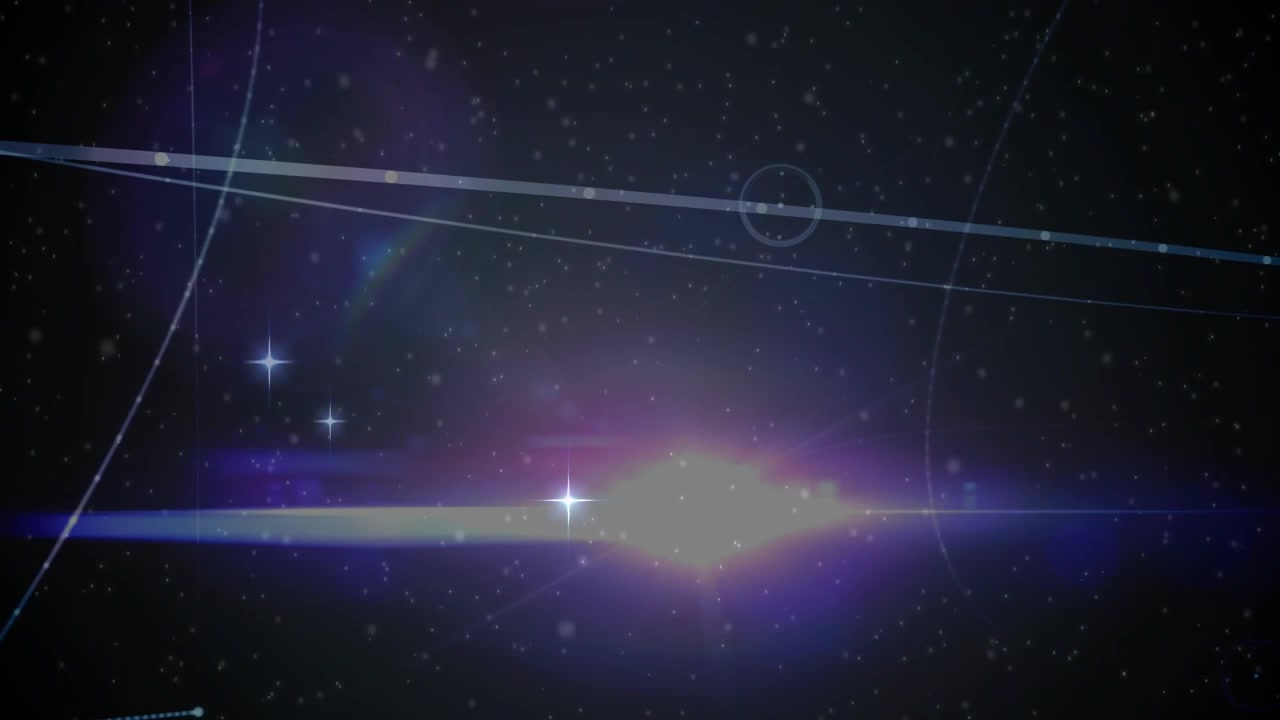 Movimento sottile che parte dallo spazio, bagliore viola in crescita, linee che convergono, formando una sovrapposizione orbitale