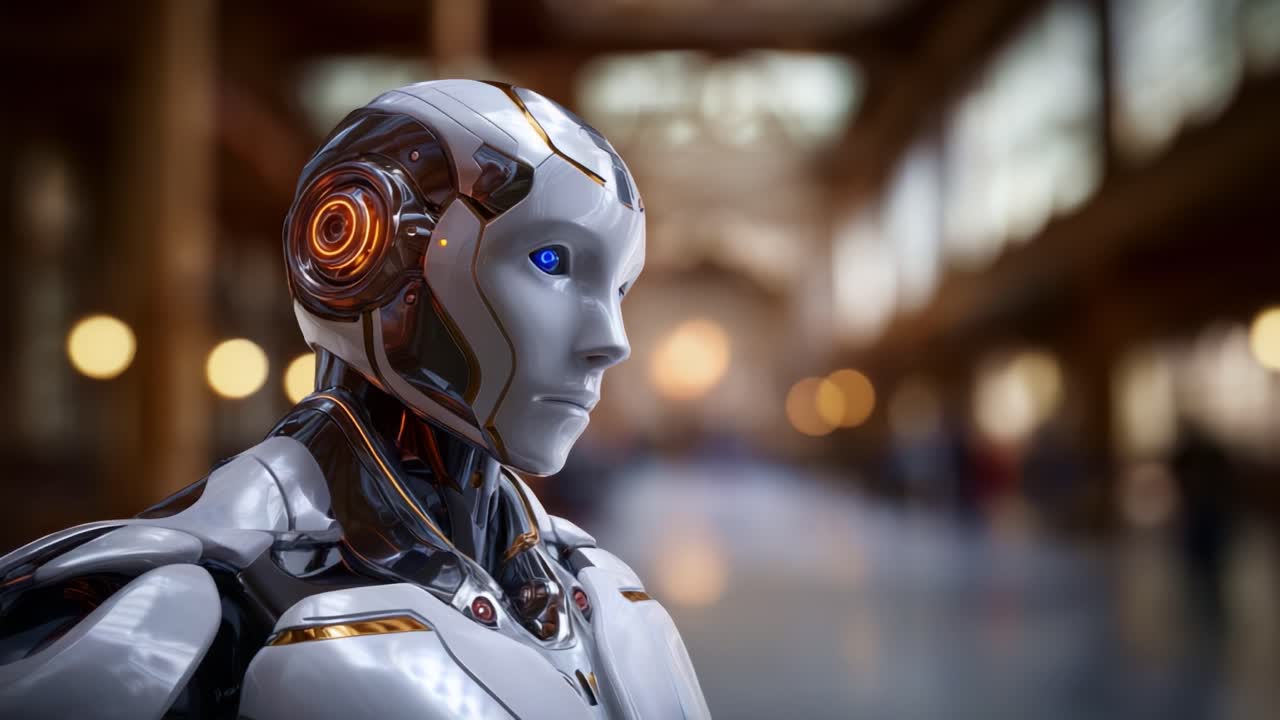 Mavi parıldayan gözlere ve şık metalik bir tasarıma sahip fütüristik bir insansı robot, gelişmiş teknolojiyi sergileyerek modern, hafif aydınlatılmış bir ortamda düşünceli bir şekilde duruyor