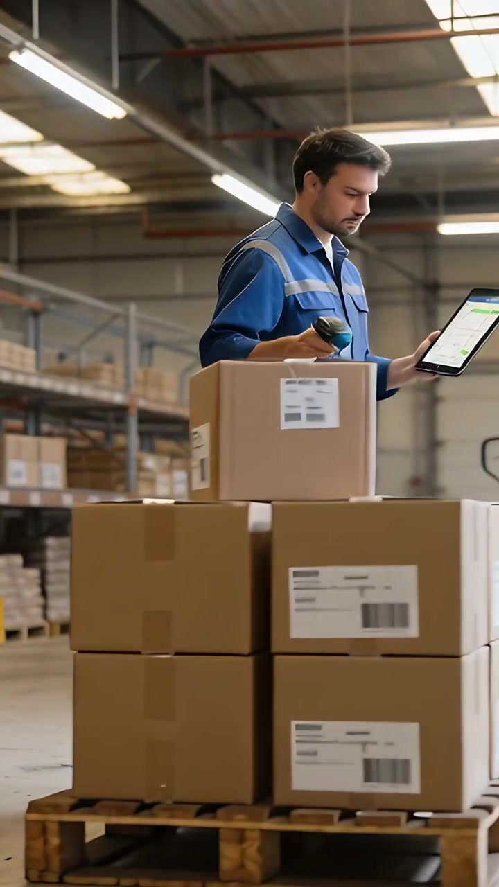 Video verticale: Uomo in uniforme blu che scansiona, usa un tablet e uno scanner in un corridoio di magazzino, con scorte.