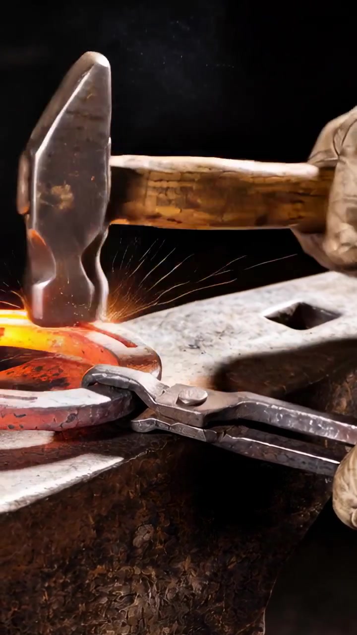 Vertical video: Raising hammer gloved worker striking red-hot horseshoe with tongs on anvil shaping