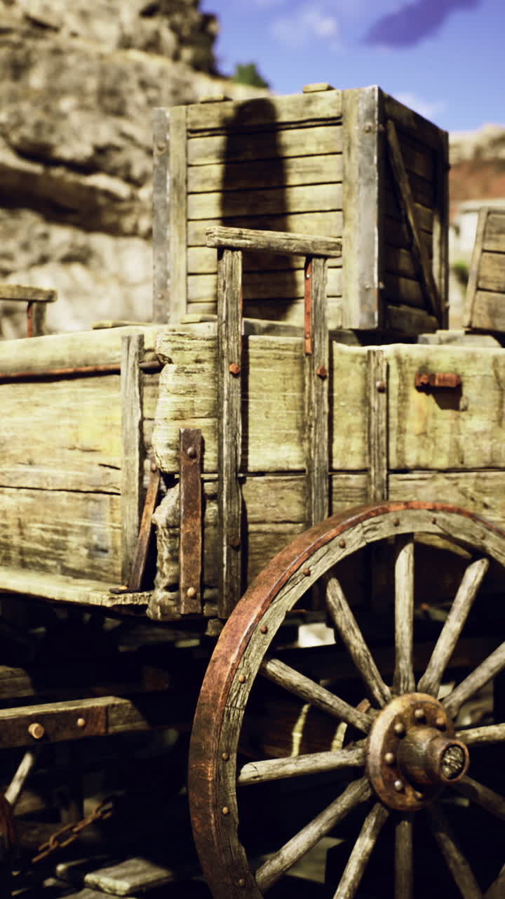 Old wooden cart parked at a rustic dock surrounded by rocky hills