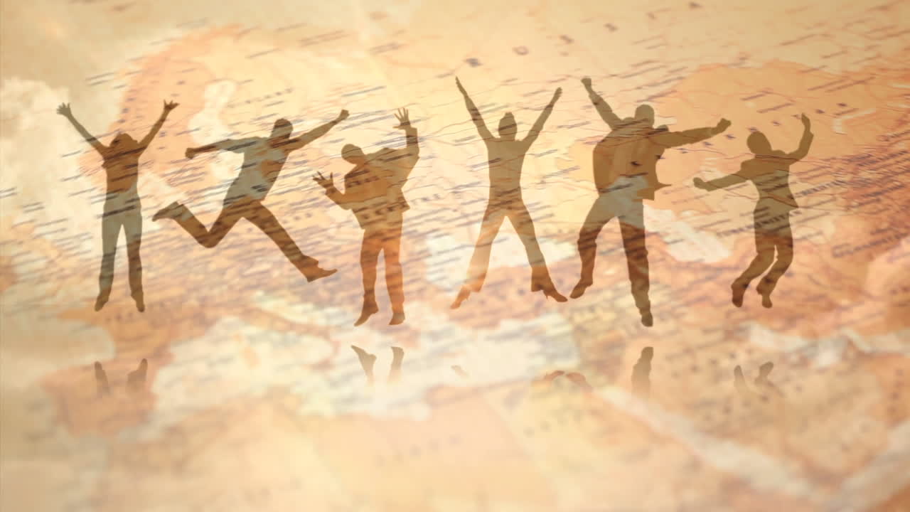 움직이는 세계 지도 위에 뛰어다니는 사람들의 그림자의 애니메이션