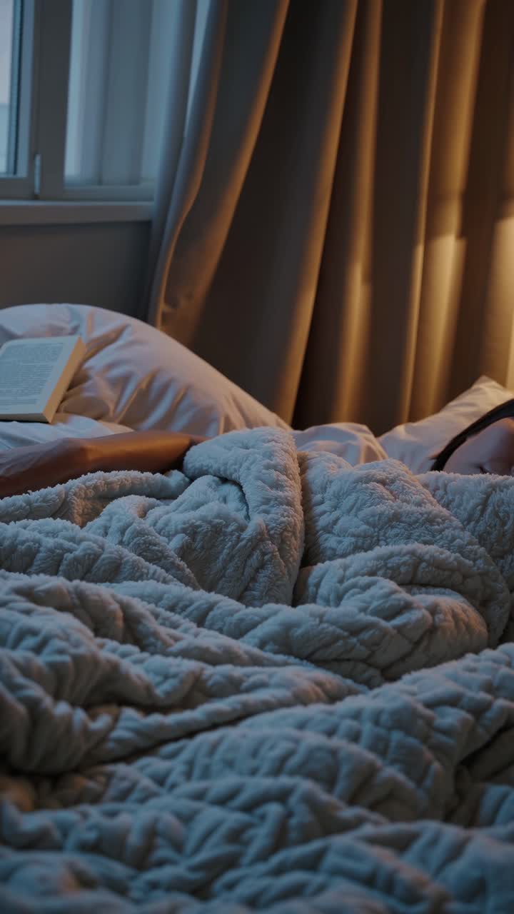 Cozy nighttime scene of a person sleeping under a soft blanket, captured from a side angle