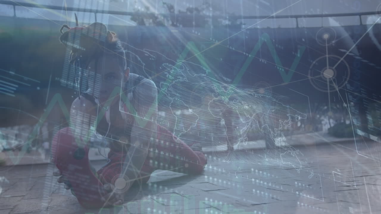 Animation of data on digital screen over african american woman stretching