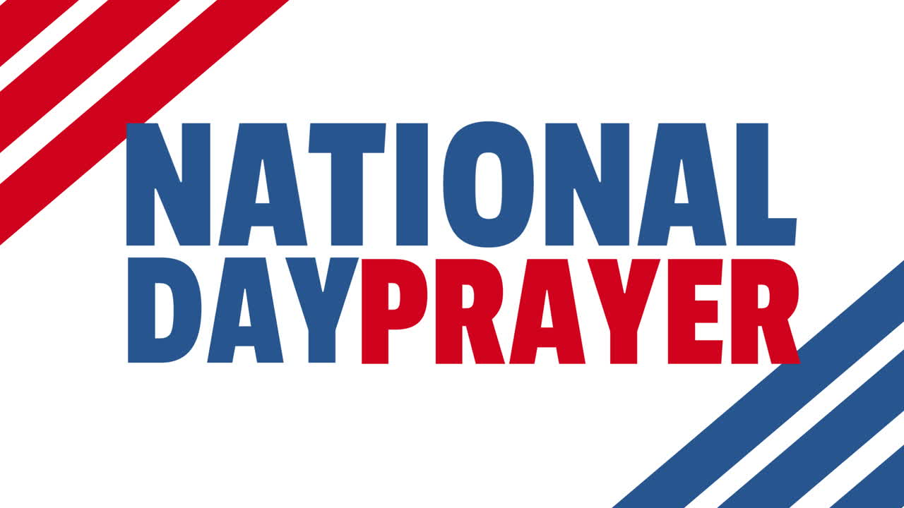 Animation of national day of prayer text with colours of american flag over white background