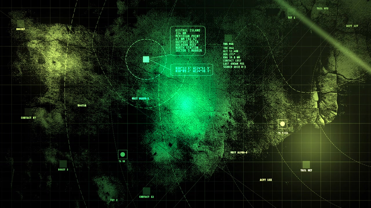 Un'interfaccia HUD radar tattica verde che visualizza scansioni sonar, coordinate e dati di tracciamento per sequenze militari, della guardia costiera e di sorveglianza