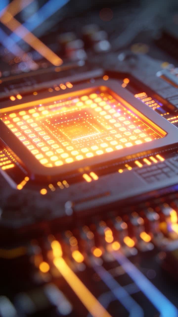 Vertical video: Camera pushing in, chip glowing and pulsing blue along PCB traces showing data flow