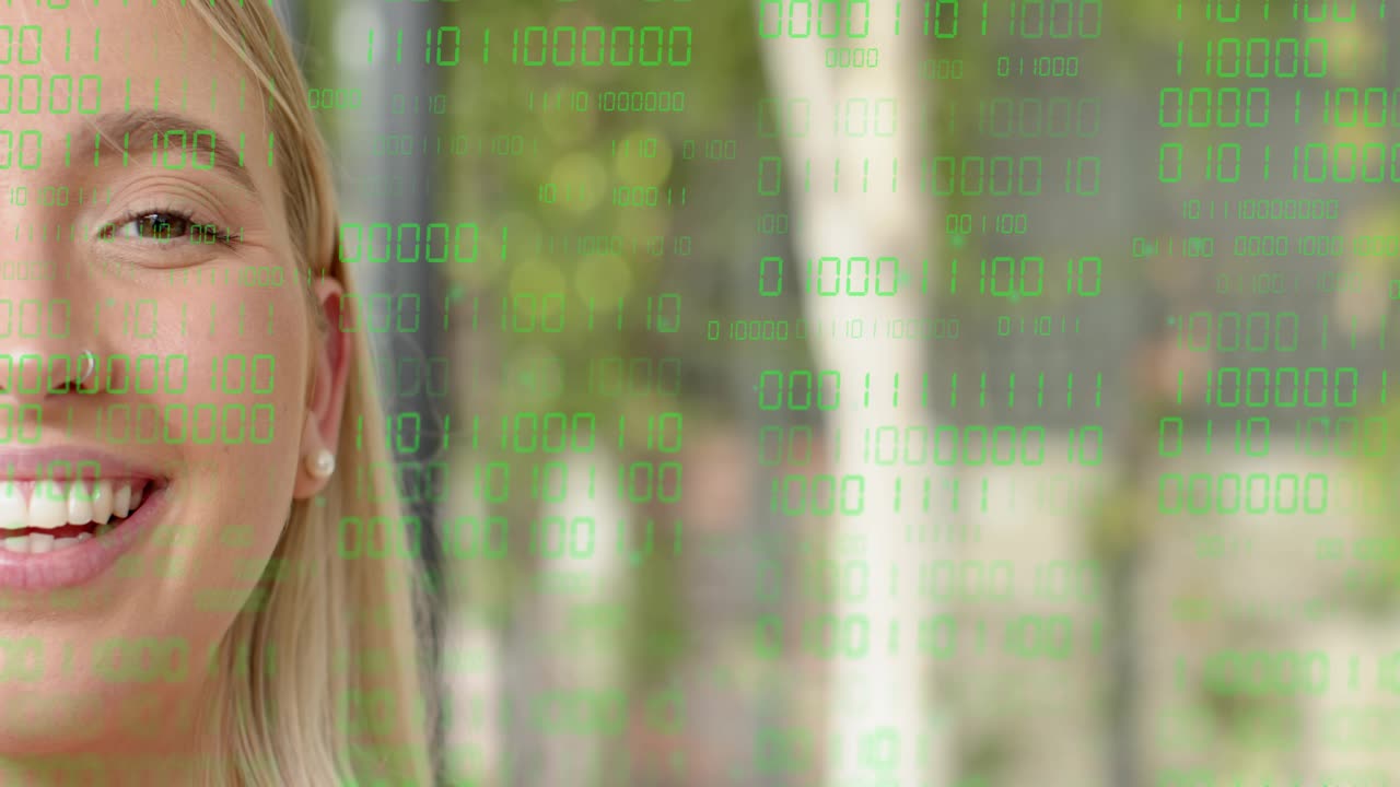 Green binary overlay animating, causing adult woman opening eyes smiling laughing on left for tech