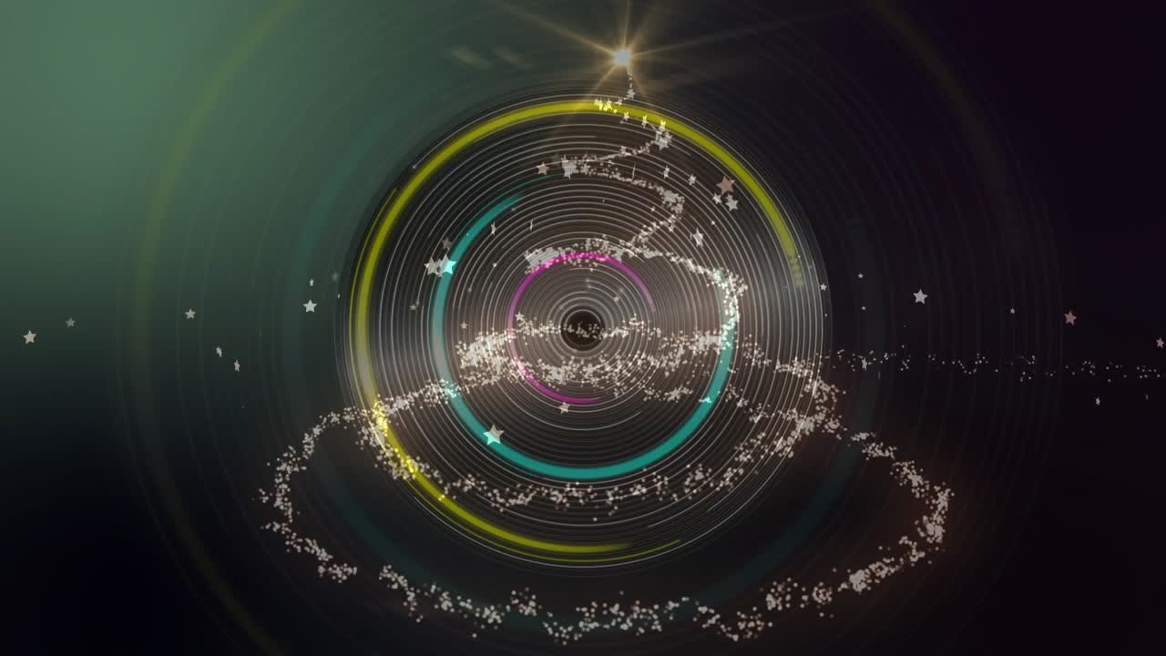 Star stream drifting across field forming rings rotating arcs and spiraling stars visualizing orbit