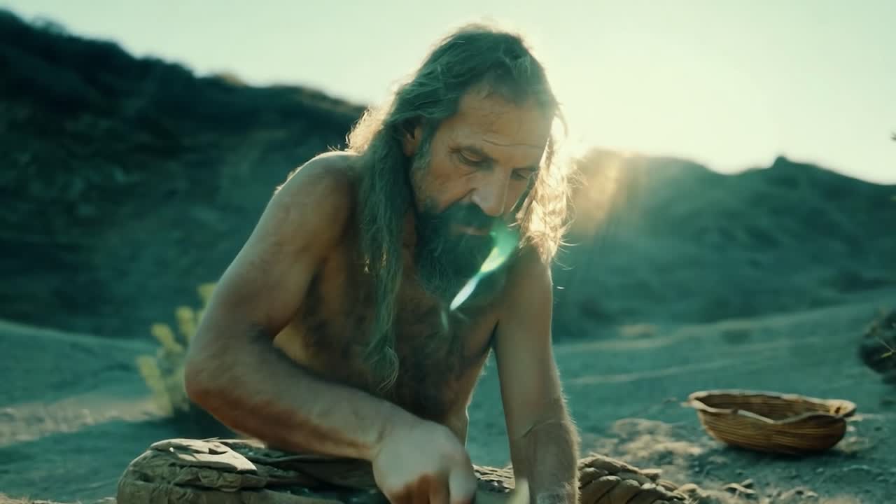 un hombre tallando una herramienta de una piedra