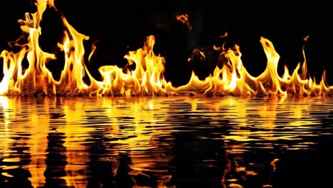 a group of fire flames reflected in the water