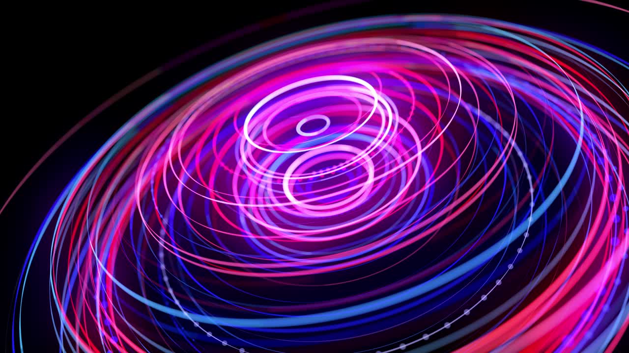 Light flow in ring structure, bg in 4k. Abstract looped background with light trails, stream of red blue neon lines in space form rings. Modern trendy motion design background. Light effect,