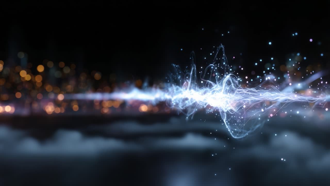 Dynamic Visualization of Sound Waves and Light Frequencies With Twinkling Bokeh Background in a Dark Setting Creating a Mesmerizing Futuristic Aesthetic
