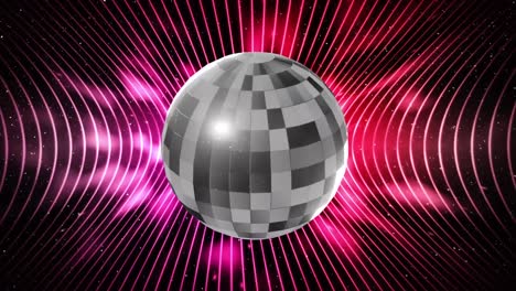 animación de una bola de espejo giratoria sobre líneas de luces de neón rosadas.