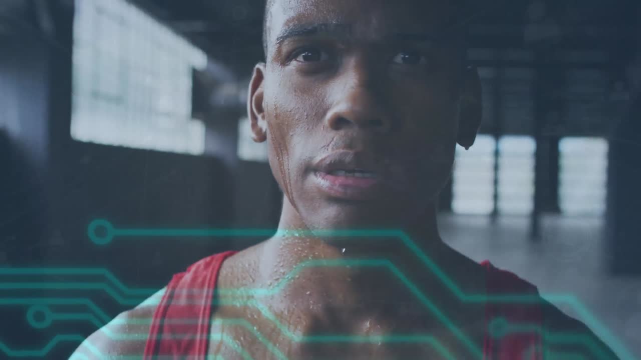 Animation of data processing over african american sports man checking smartwatch