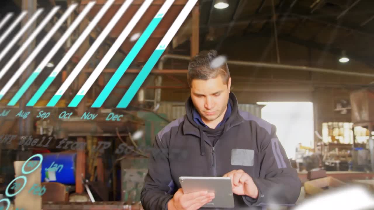 Animazione di elaborazione dati e un grafico su un uomo di etnia mista in un'officina