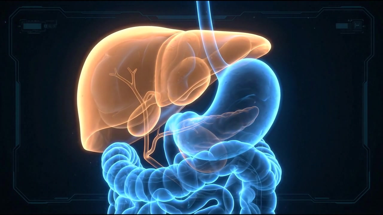 3D blue glowing human liver organ anatomy visualization