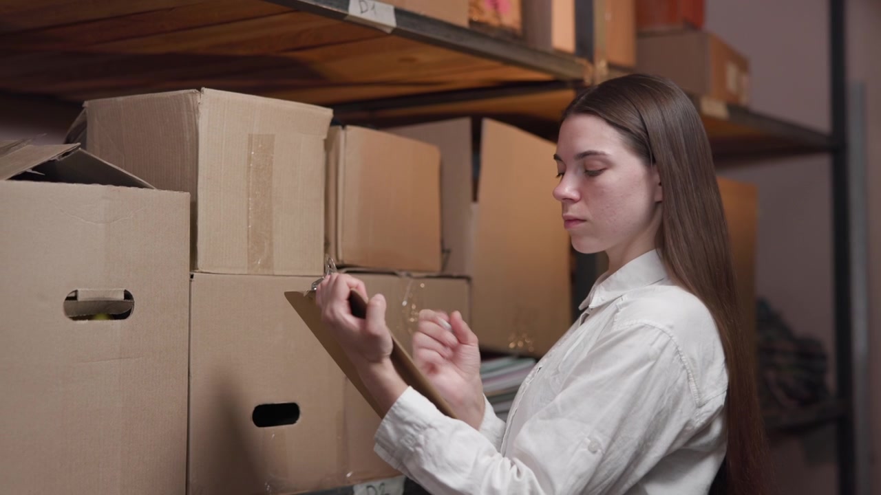 A blurred woman stands in the right foreground beside stacked cardboard boxes and metal shelving in a dim indoor storage space