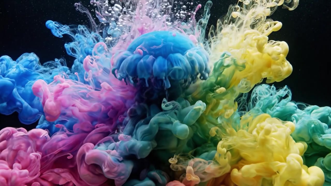 Ein atemberaubendes visuelles Schauspiel farbenfroher Tintenwirbel im Wasser, das den Übergang von einem einfachen Ausbruch zu einer explosiven farbenfrohen Wolkenformation einfängt.