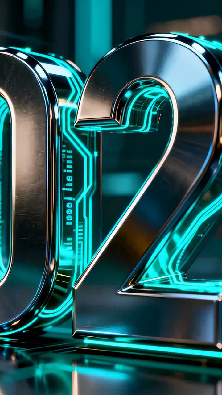 Video verticale: carrellata che rivela i numeri cromati 02 su piattaforma da studio, con finiture neon ciano