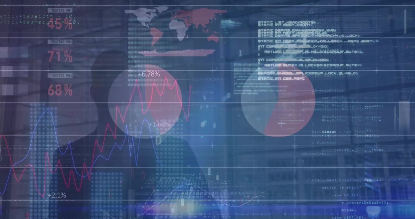 Businessman Walking Through Office with Digital Data Overlay