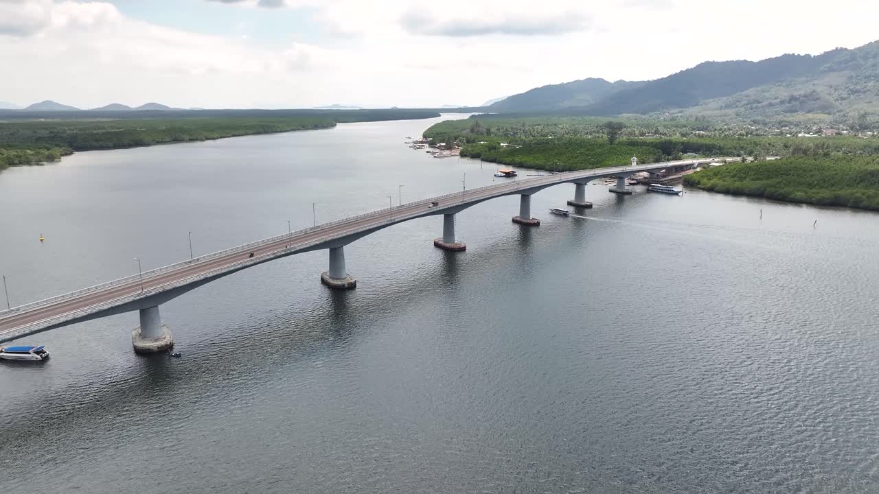 Multi-Lane Route Of Siri Lanta Bridge In Ko Lanta District, Krabi, Thailand. Aerial Drone Shot