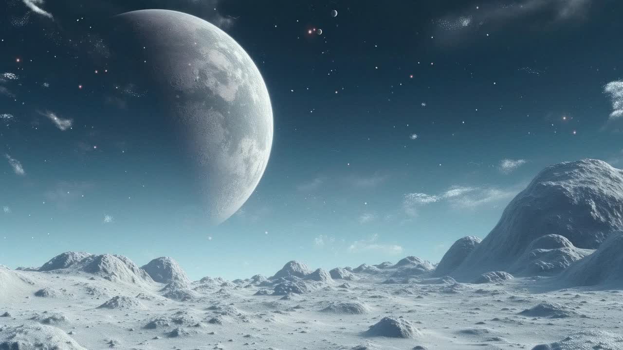 A cinematic, high-angle view of a barren, cratered alien landscape under a starry sky