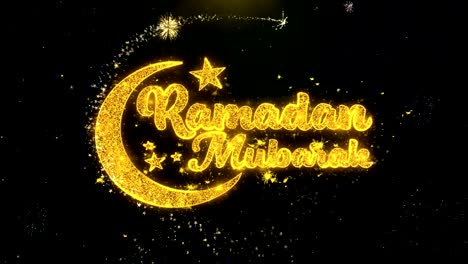 ramadan mubarak text wish on gold particles fireworks display.