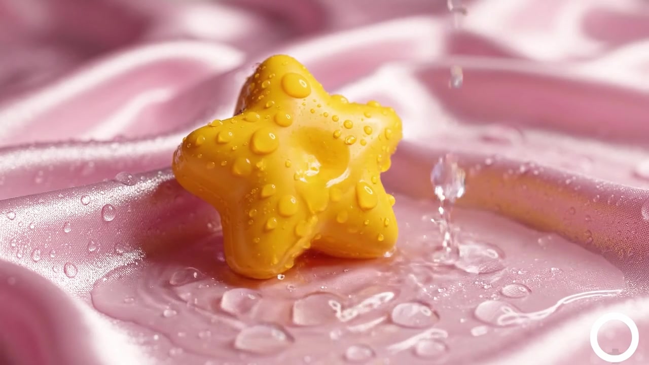 鮮やかな黄色の星形オブジェクトが水滴で輝き、柔らかなピンクのサテン表面に置かれ、色彩と質感の芸術的な融合を披露