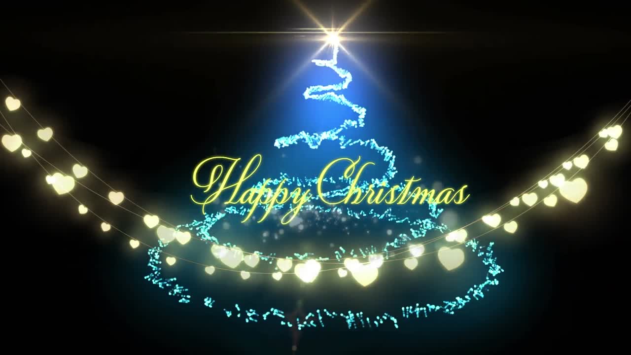 요정 빛과 크리스마스 트리 위에 행복한 크리스마스 텍스트의 애니메이션