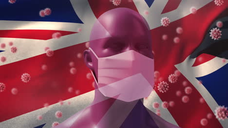 bandera británica ondeando contra las células de covid-19 sobre la cabeza humana modelo con máscara facial