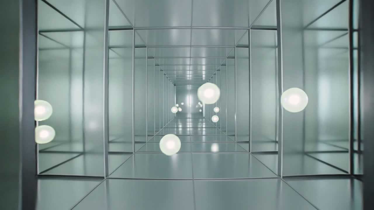 Esferas luminosas moviéndose hacia la cámara en un túnel de metal, con una luz que se desvanece arrastrándolas a través de una cuadrícula.