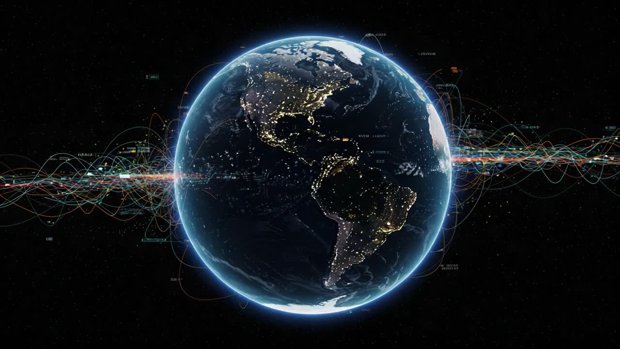 Esplorando la Terra: Una Splendida Rappresentazione Visiva del Nostro Pianeta Circondato da Vivaci Flussi di Dati che Illustrano la Connettività Globale e l'Ambiente