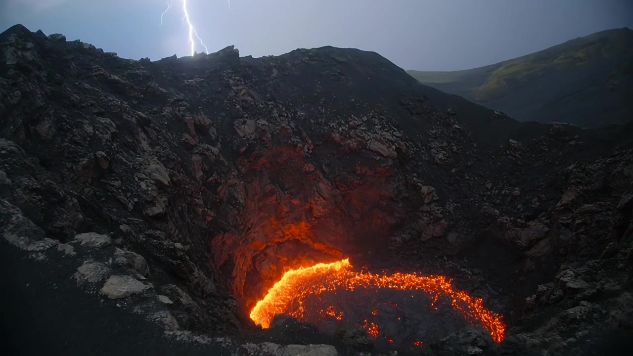 Lightning striking left crater rim, interior flaring and spilling molten pool with sparks at dusk