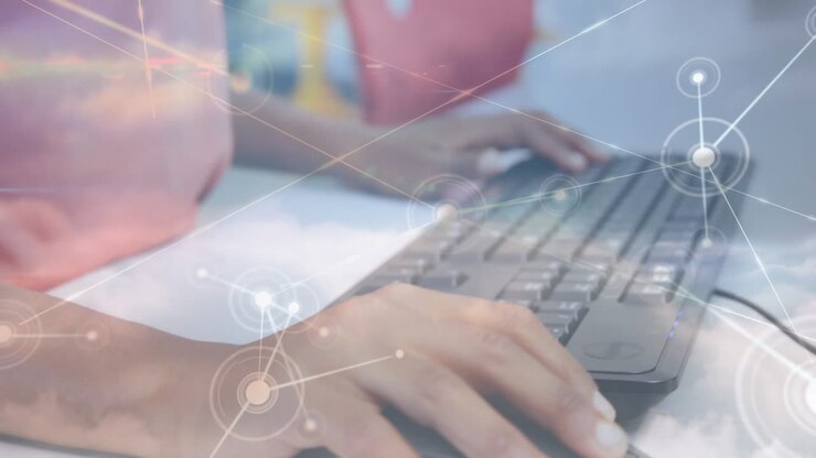 Network of connections against mid section of student using computer at school