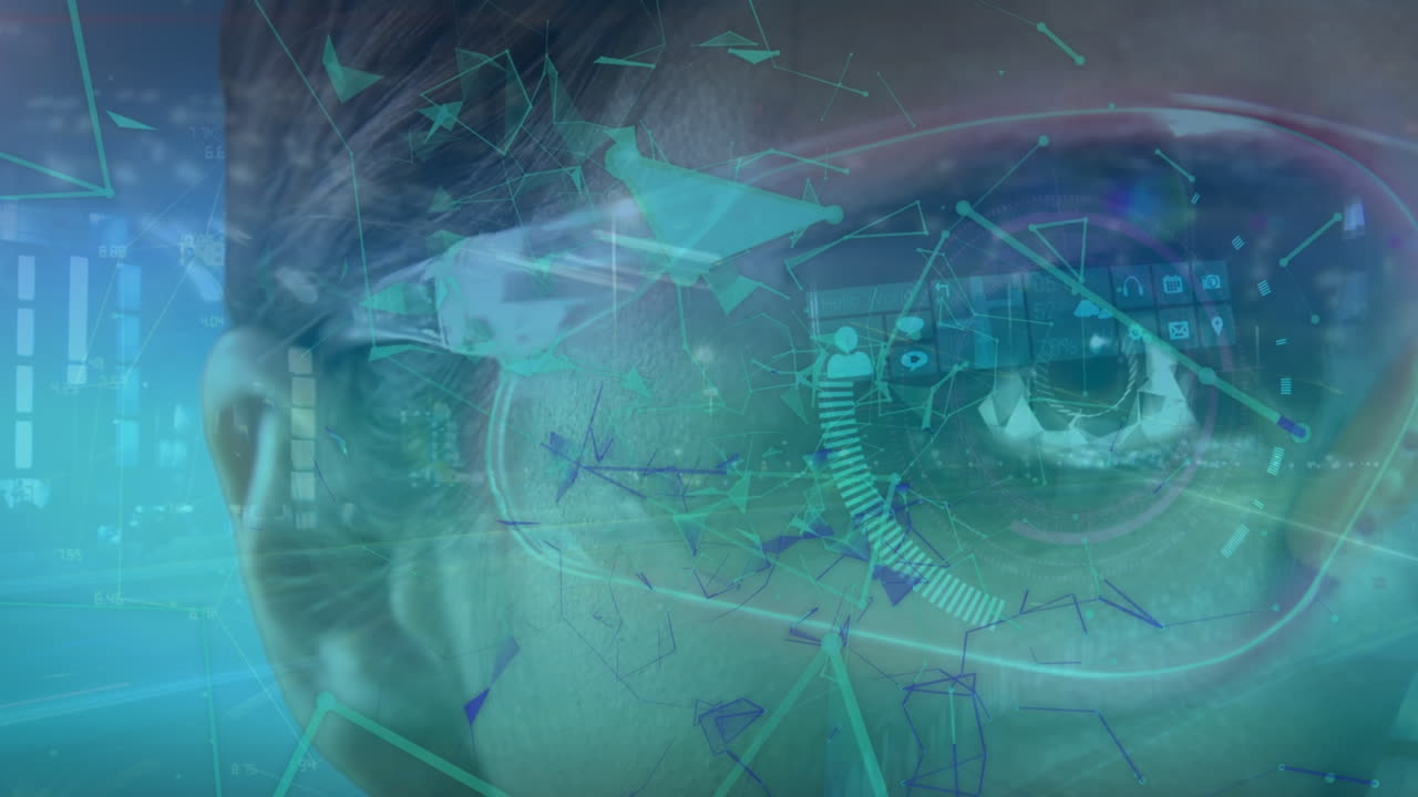 animación de formas y mujer caucásica sobre el paisaje urbano