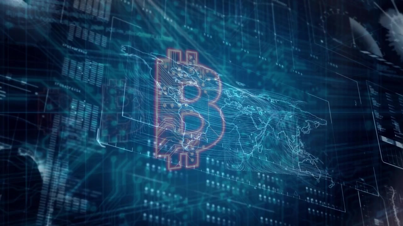 Mappa olografica e simbolo di Bitcoin (B) che si forma da un bagliore sull'America del Sud, pulsante e che mostra criptovalute globali.