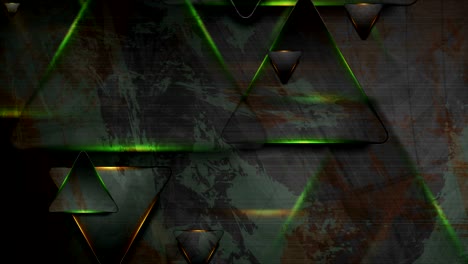 black and glowing green orange triangles abstract motion background