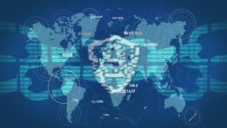 Animation-of-clock-chain-and-digital-padlock-over-world-map-on-navy-background