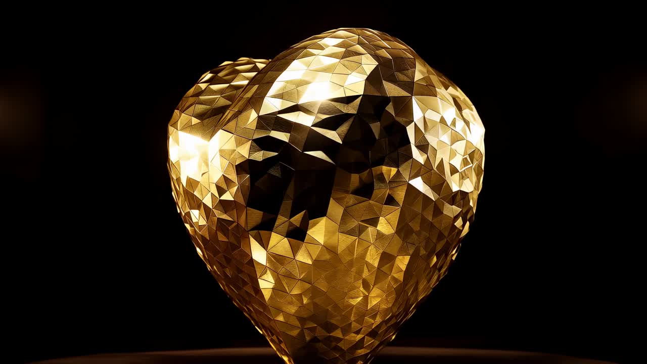 Giradischi in partenza, cuore sfaccettato dorato che ruota su un basso piedistallo da studio sotto una luce calda per l'esposizione