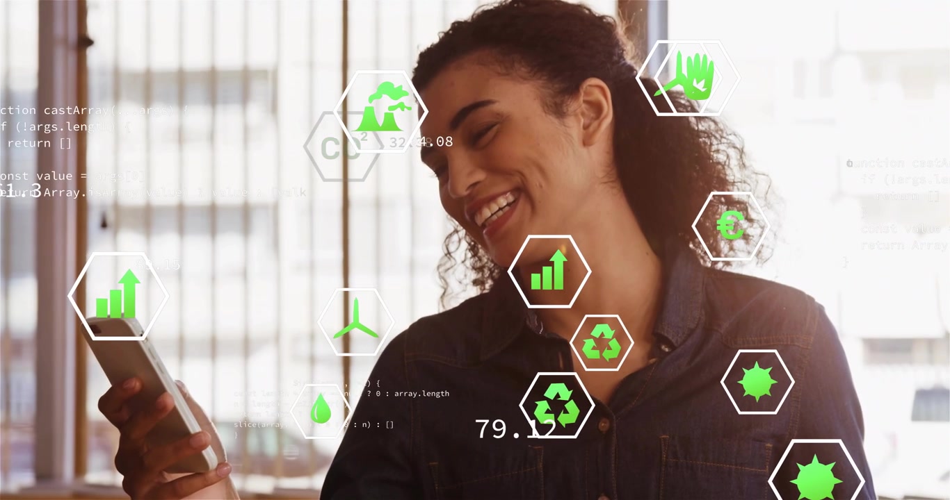 Mulher colocando o café e focando no smartphone, visualizando ícones ecológicos de RA e gráficos de monitoramento de carbono