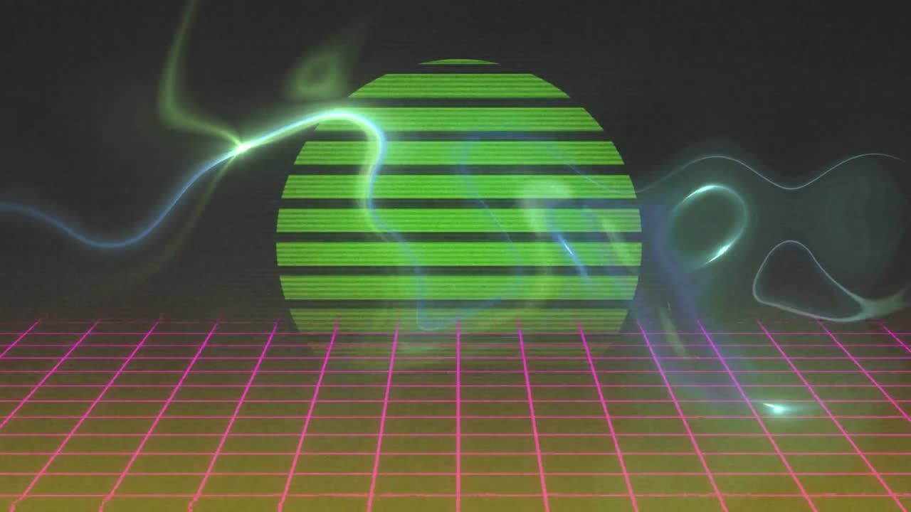 Animation of glowing sun, 3d map over glowing liquid on moving red grid