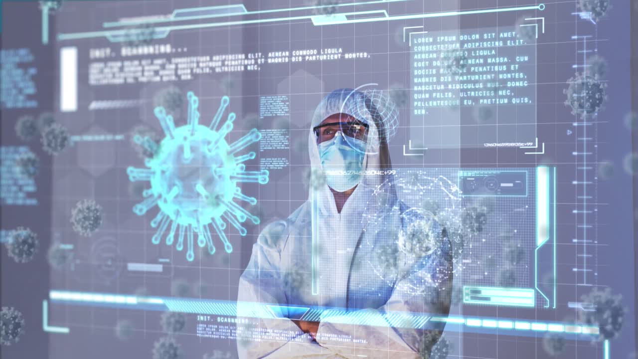 얼굴 마스크를 착용한 남성 의사에 대한 바이러스 세포와 디지털 인터페이스의 애니메이션