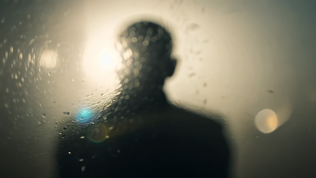 Gliding droplets initiating focus shift to man silhouette against backlight behind misted glass