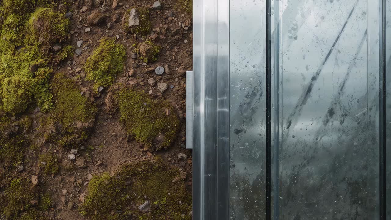 Dryppende regn får dråber til at løbe ned ad en korrugeret metalpanel nær et mosgroet jordlag med små sten