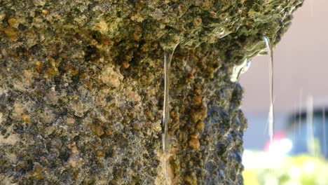 Close-up-detail-of-one-side-of-an-ancient-stone-fountain-and-water-falling