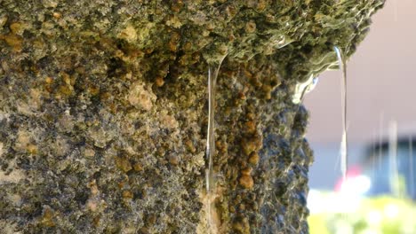cerrar detalle de un lado de una antigua fuente de piedra y agua cayendo