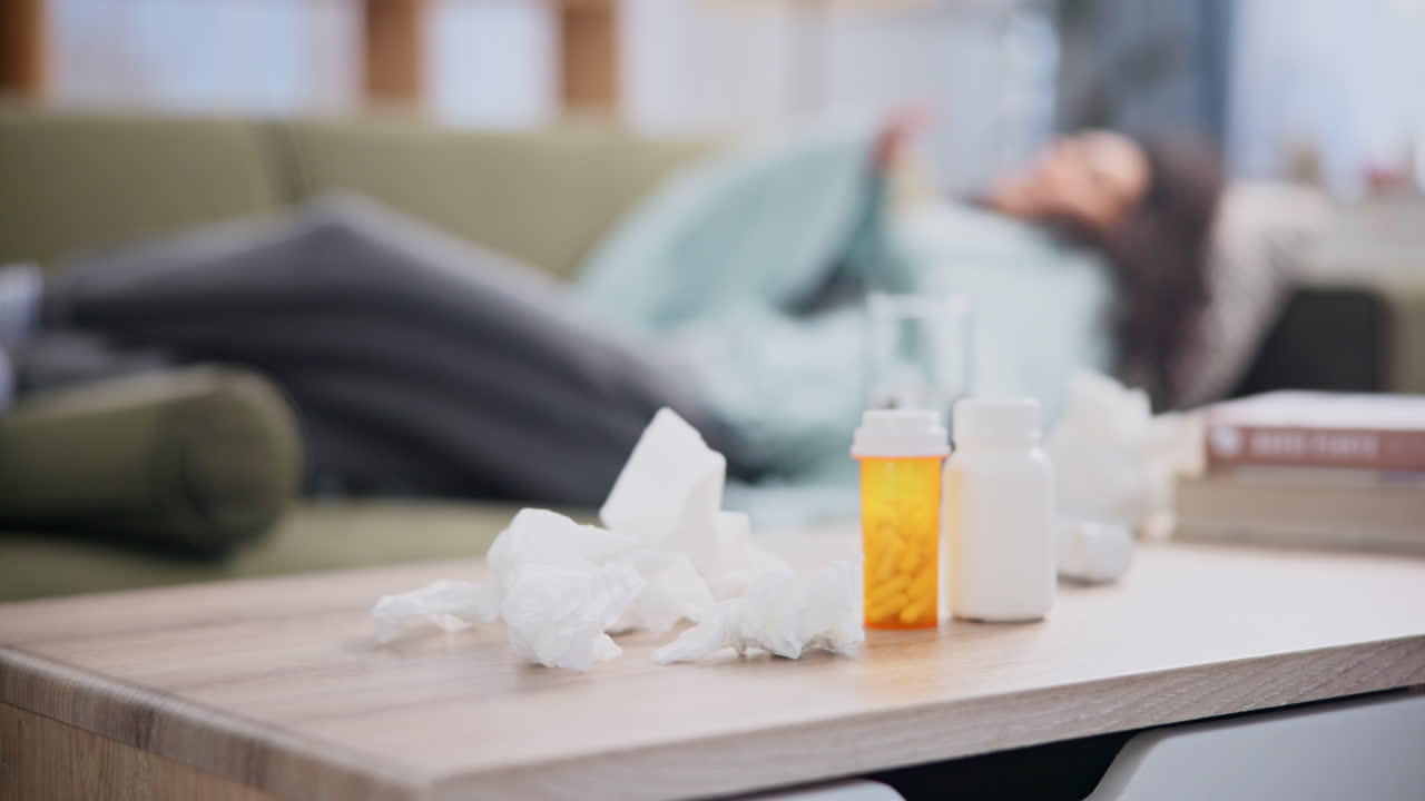 mujer descansando en el sofá con medicina y pañuelos