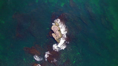 Drohnenansicht-Eines-Abstiegs-über-Einem-Felsen-Mitten-Im-Meer,-Wo-Vögel-Ruhen